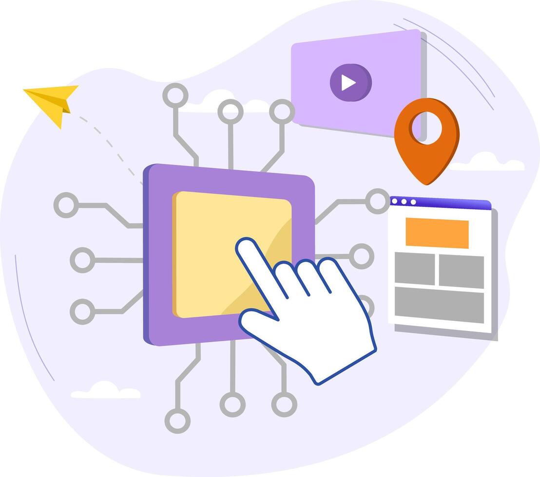 Hand pointing at microchip managing player website and location pin vector