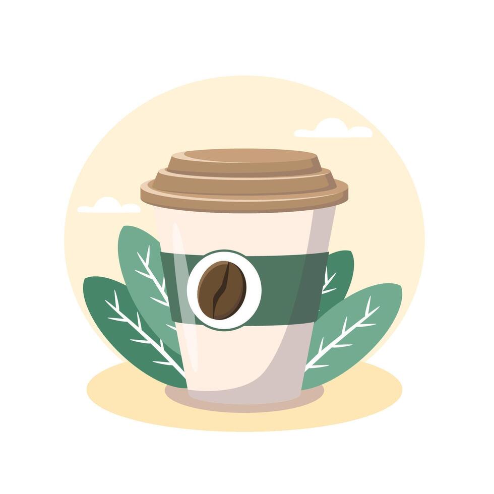 Disposable coffee cup standing on abstract background with green leaves illustration vector