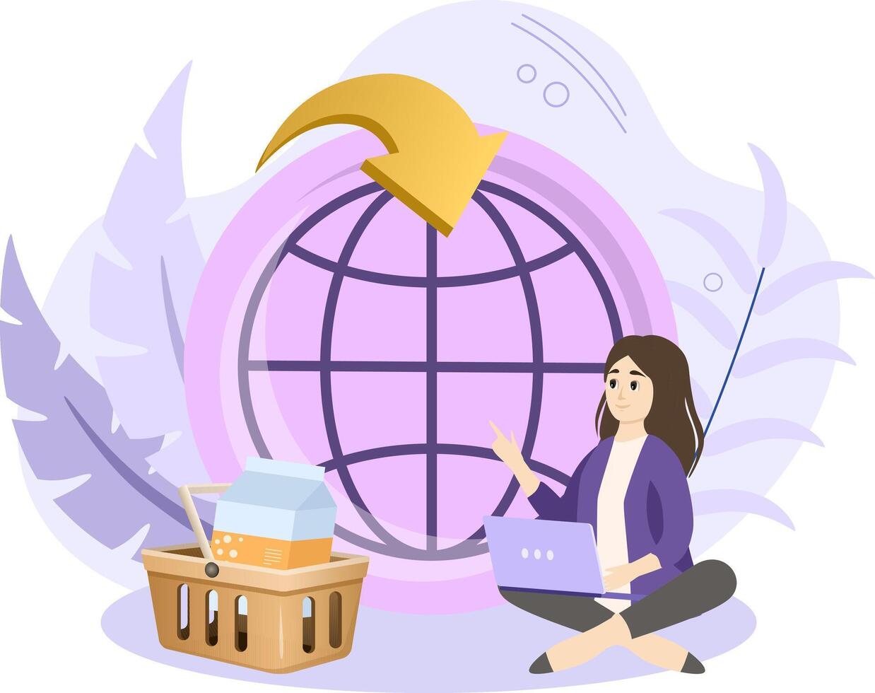 Woman ordering groceries online using laptop for global delivery service vector