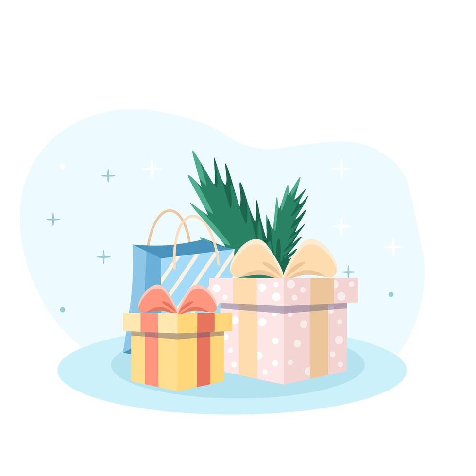 Christmas presents lying under fir tree branch for winter holidays vector