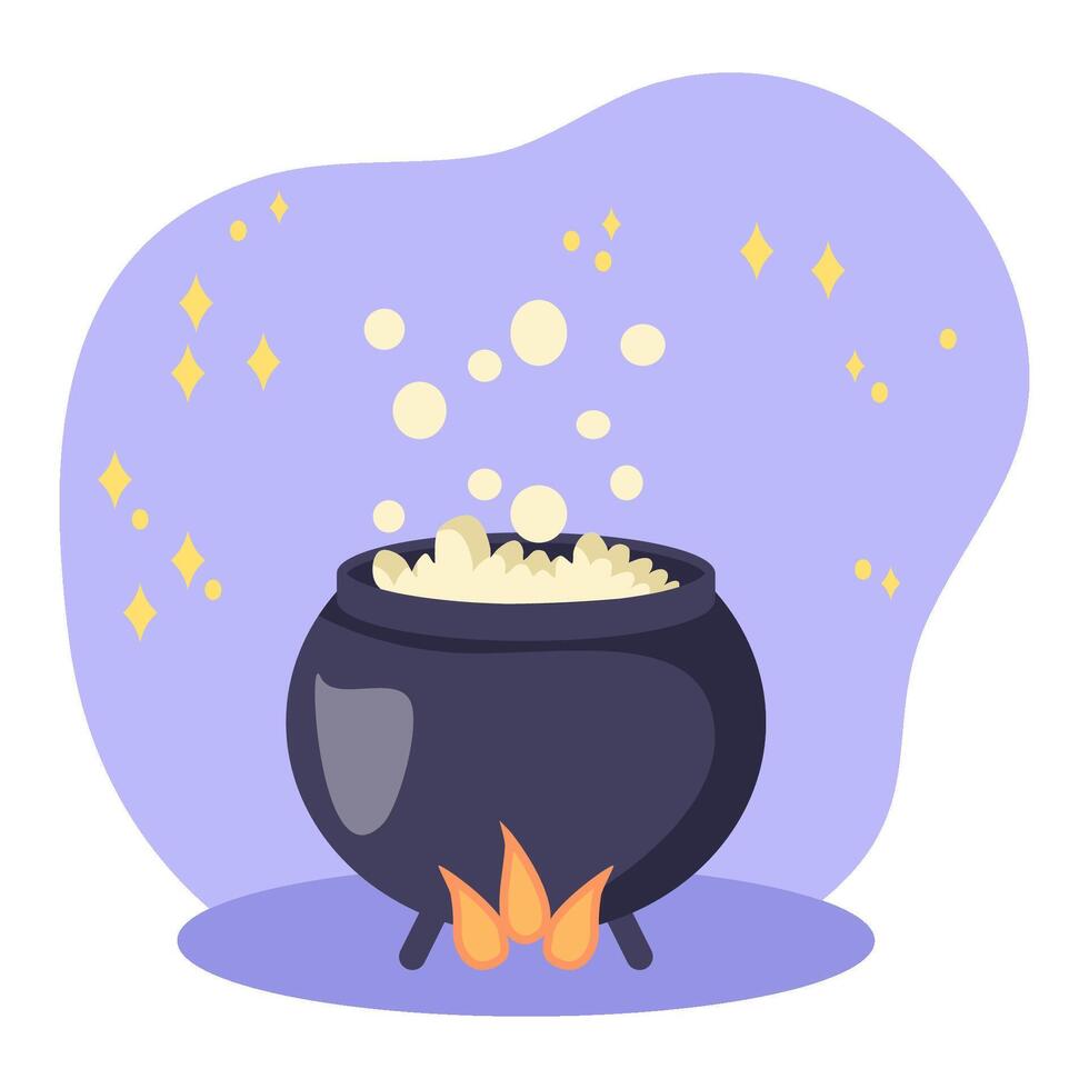 Cartoon style illustration of a magic potion boiling in a cast iron cauldron on fire vector