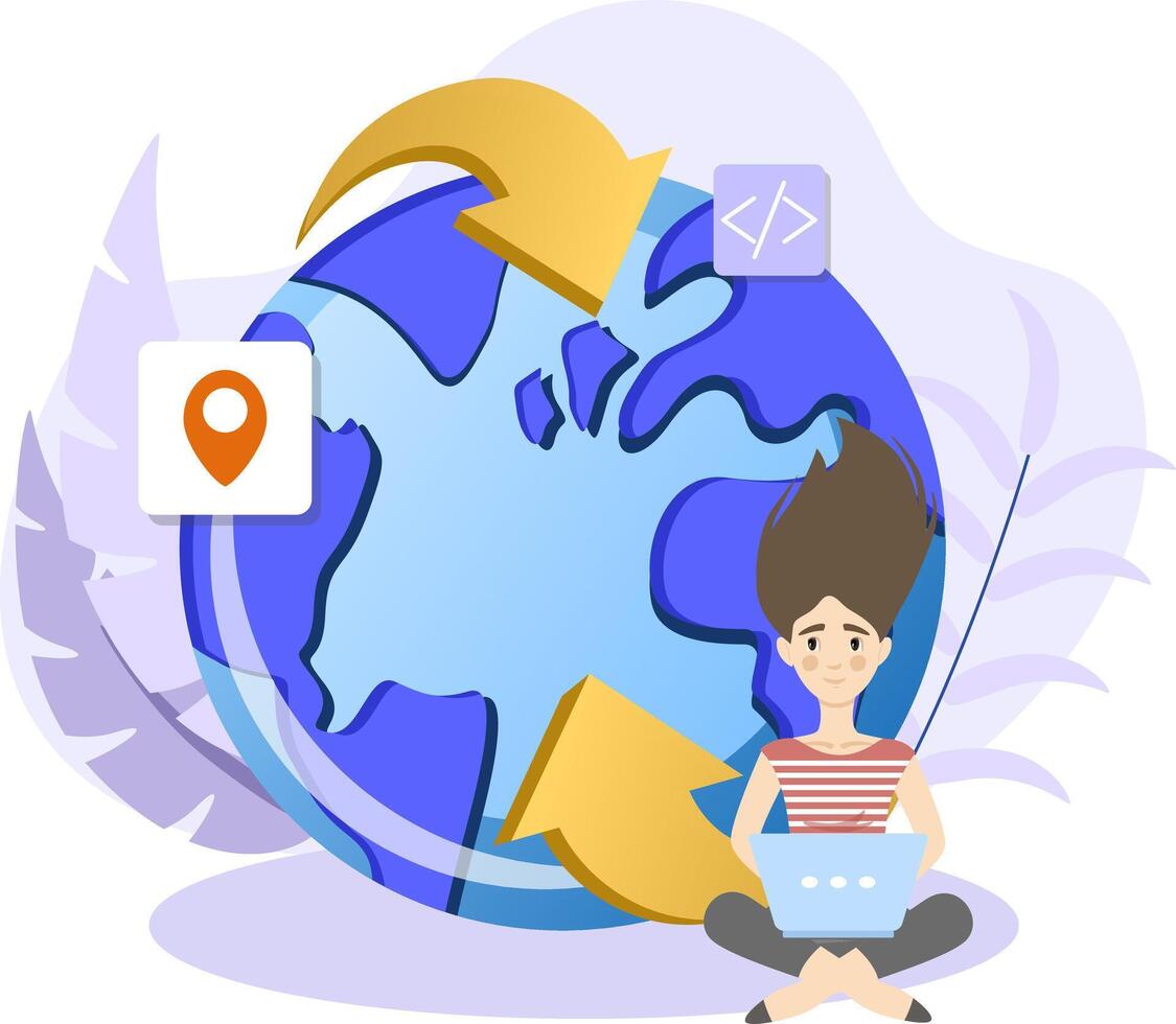 Software developer working remotely managing global project using laptop vector