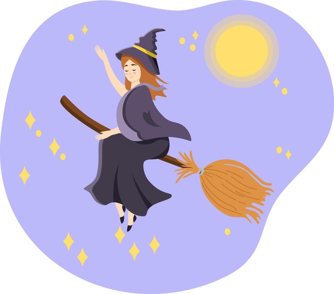 Young redhead witch flying on a broom under the full moon vector