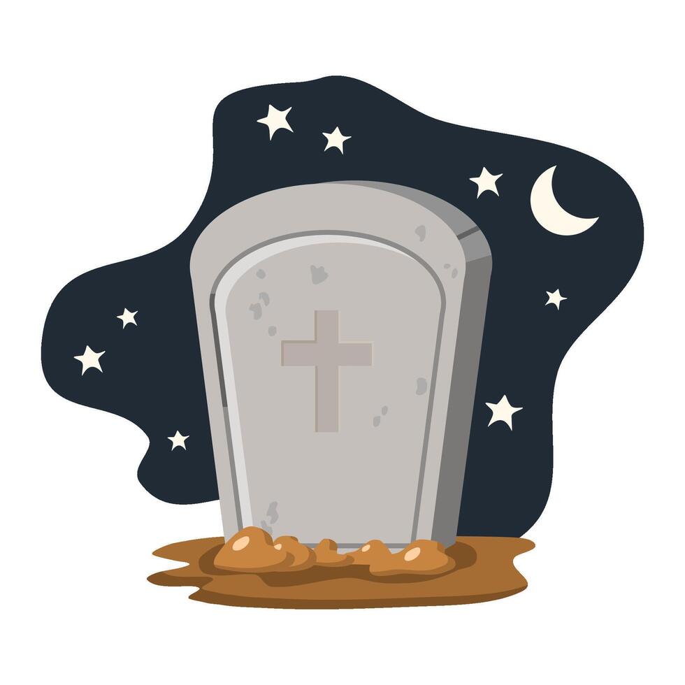 Old tombstone standing under night sky with moon and stars vector