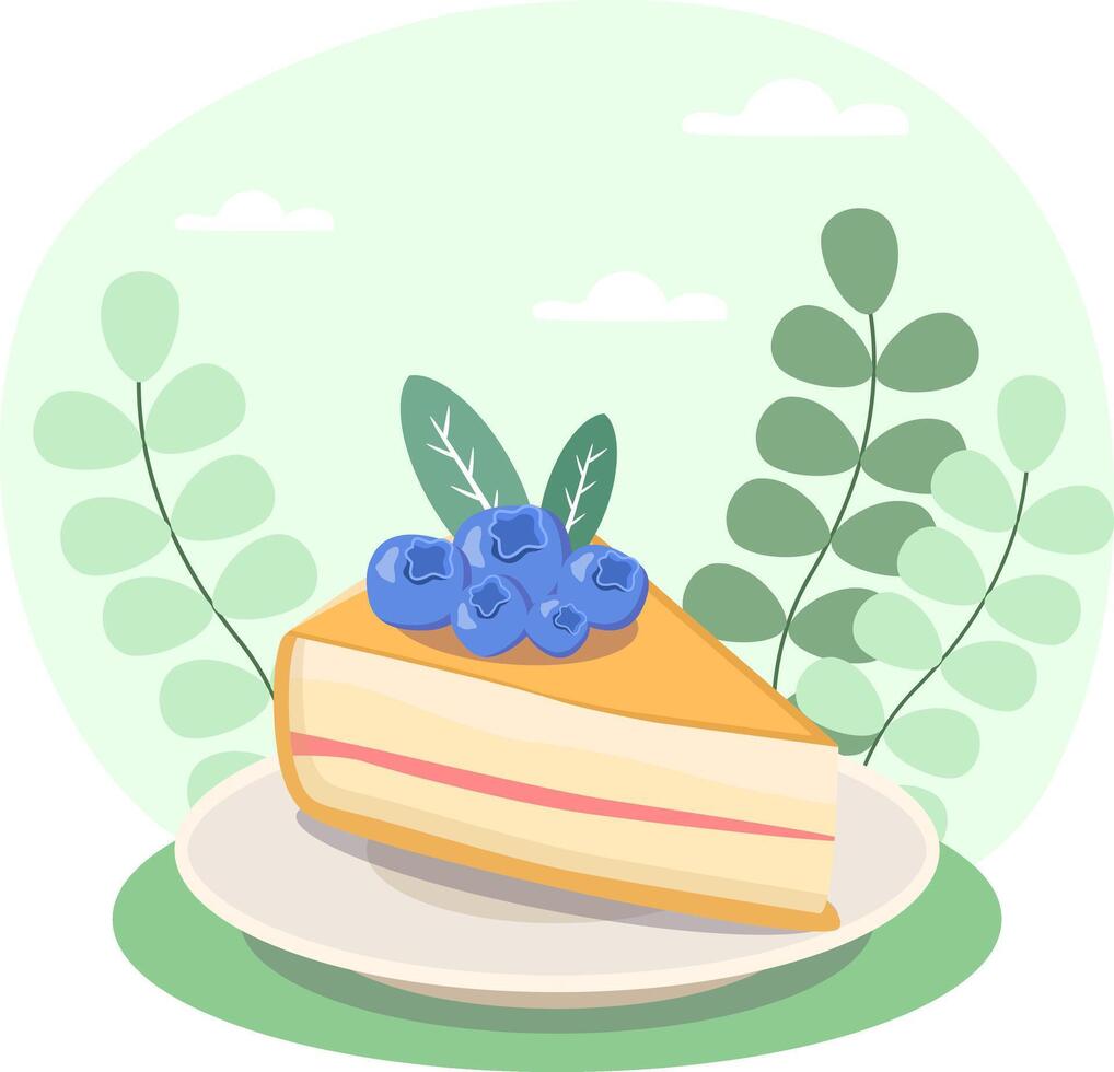 Slice of delicious cheesecake with blueberries on top sitting on white plate vector