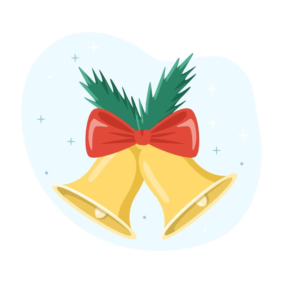 Two golden christmas bells ringing with red bow and pine branches vector