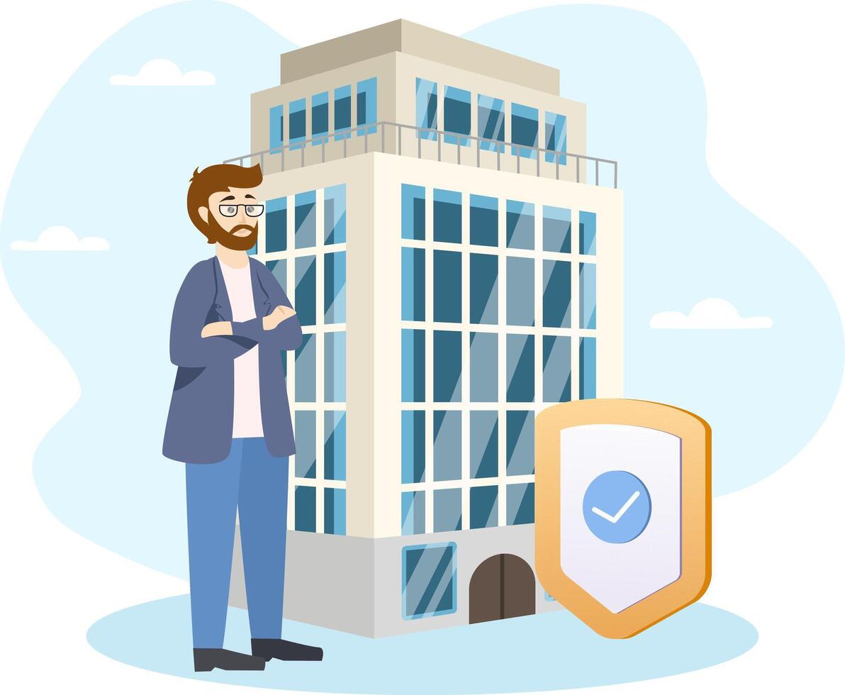 Businessman insuring an office building with his arms crossed vector