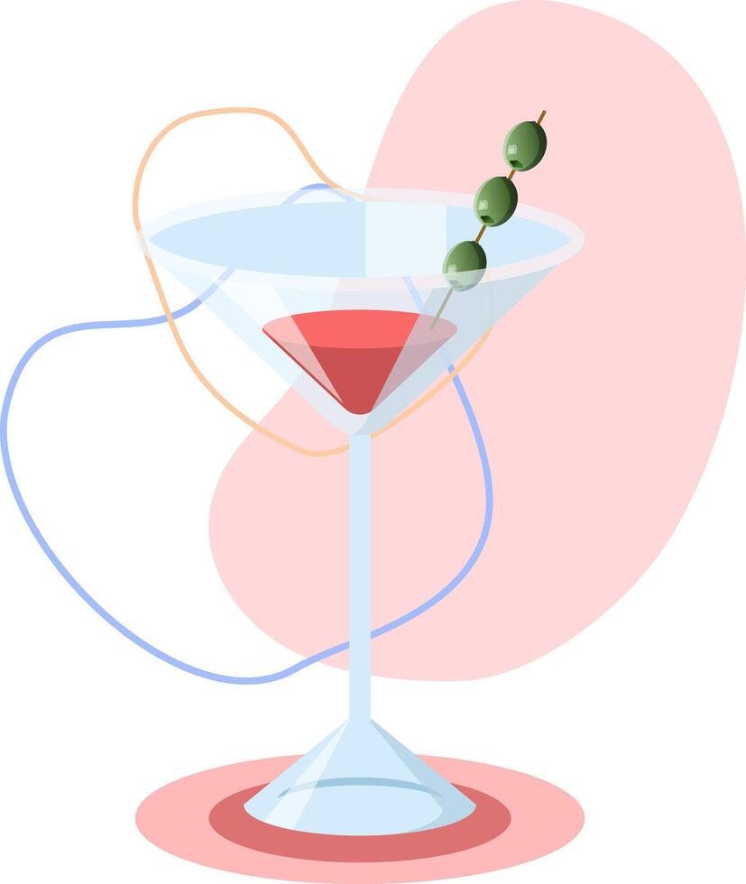 Elegant martini glass with olives standing on pink background vector
