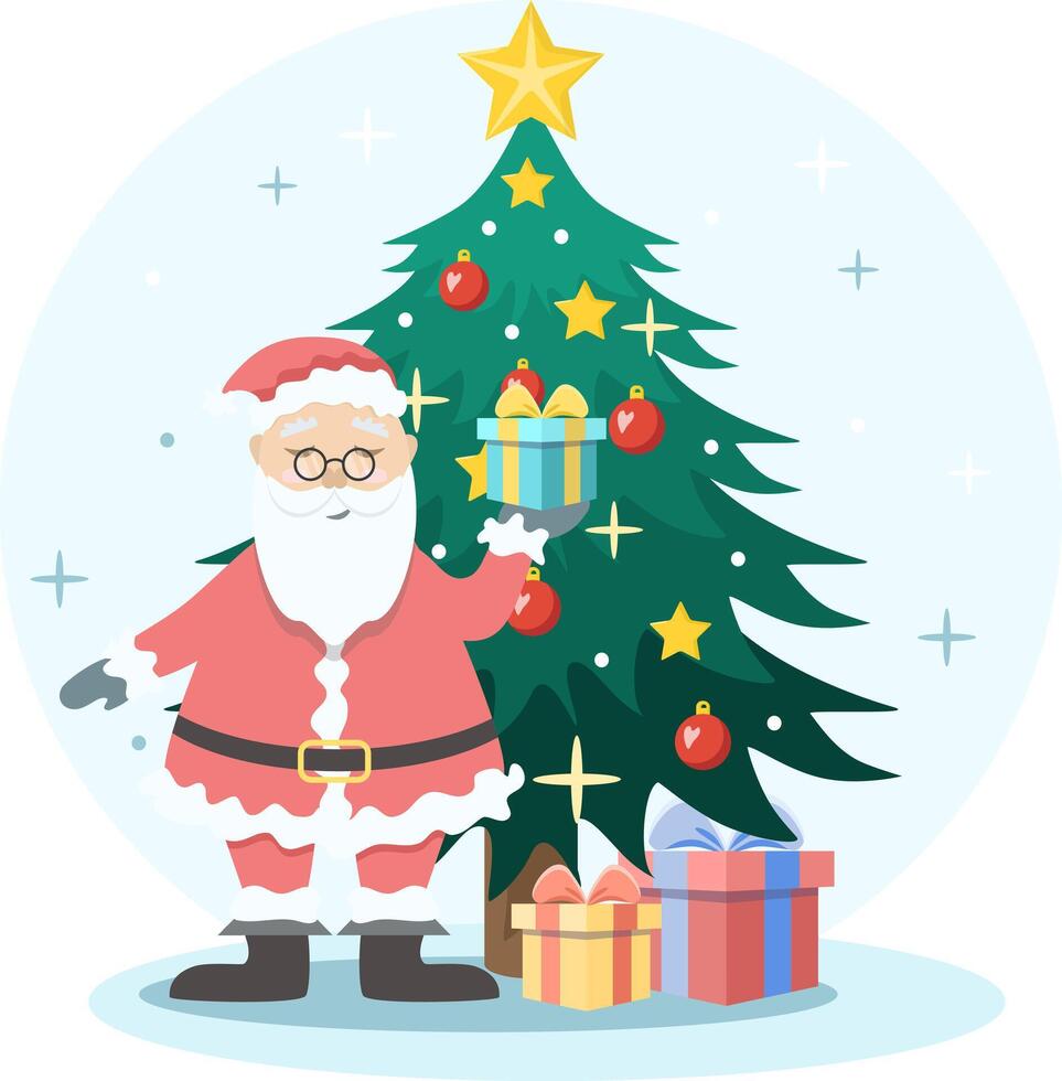Santa claus holding a gift next to a christmas tree vector