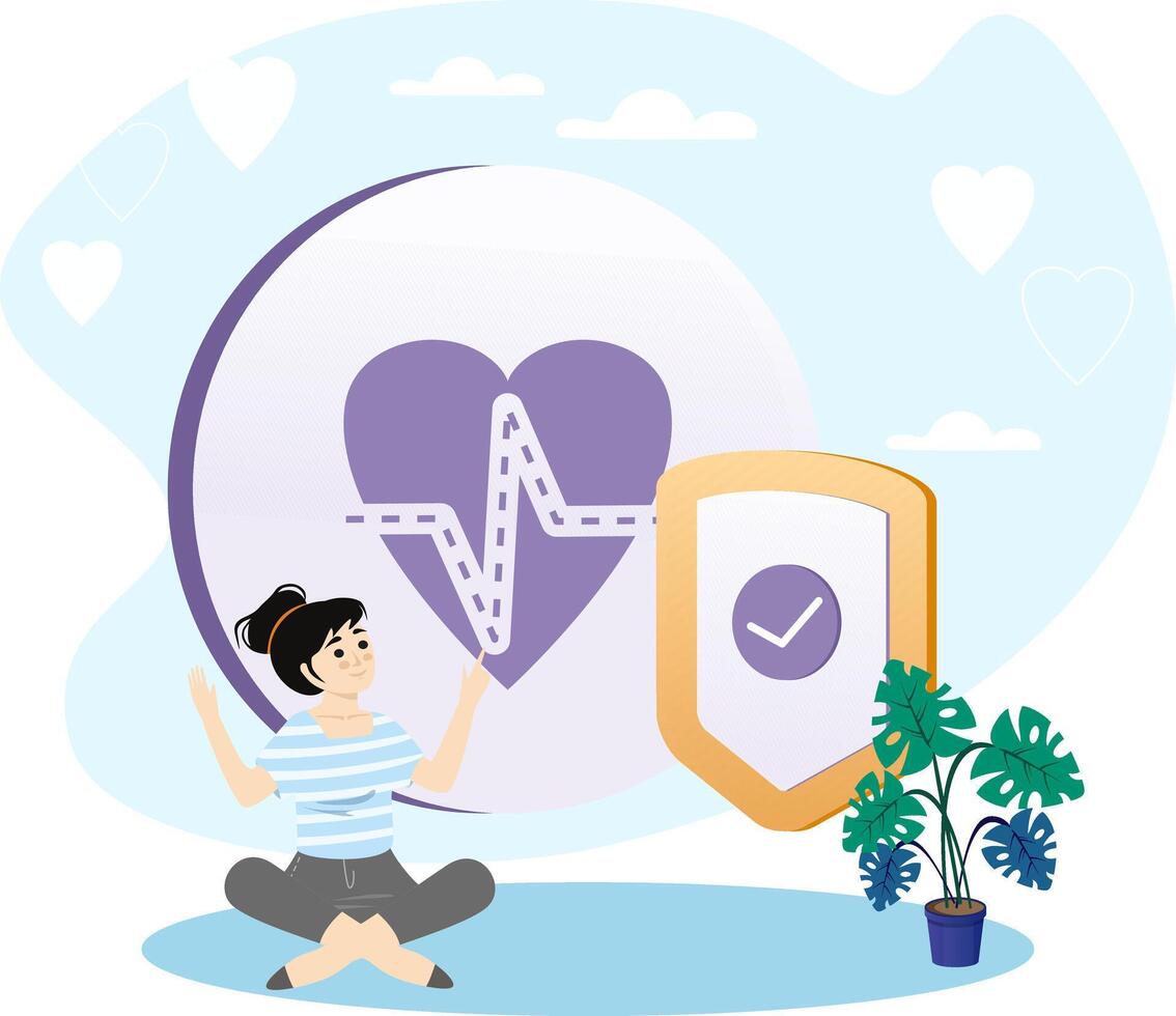 Young woman protecting her health with insurance shield and heartbeat symbol vector