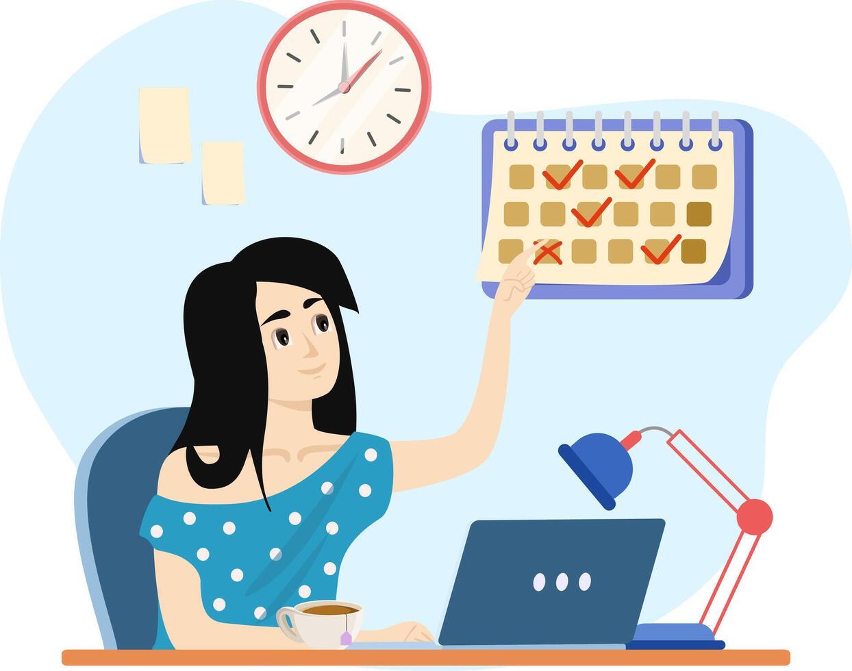Young woman working from home office and checking her schedule on a wall calendar vector
