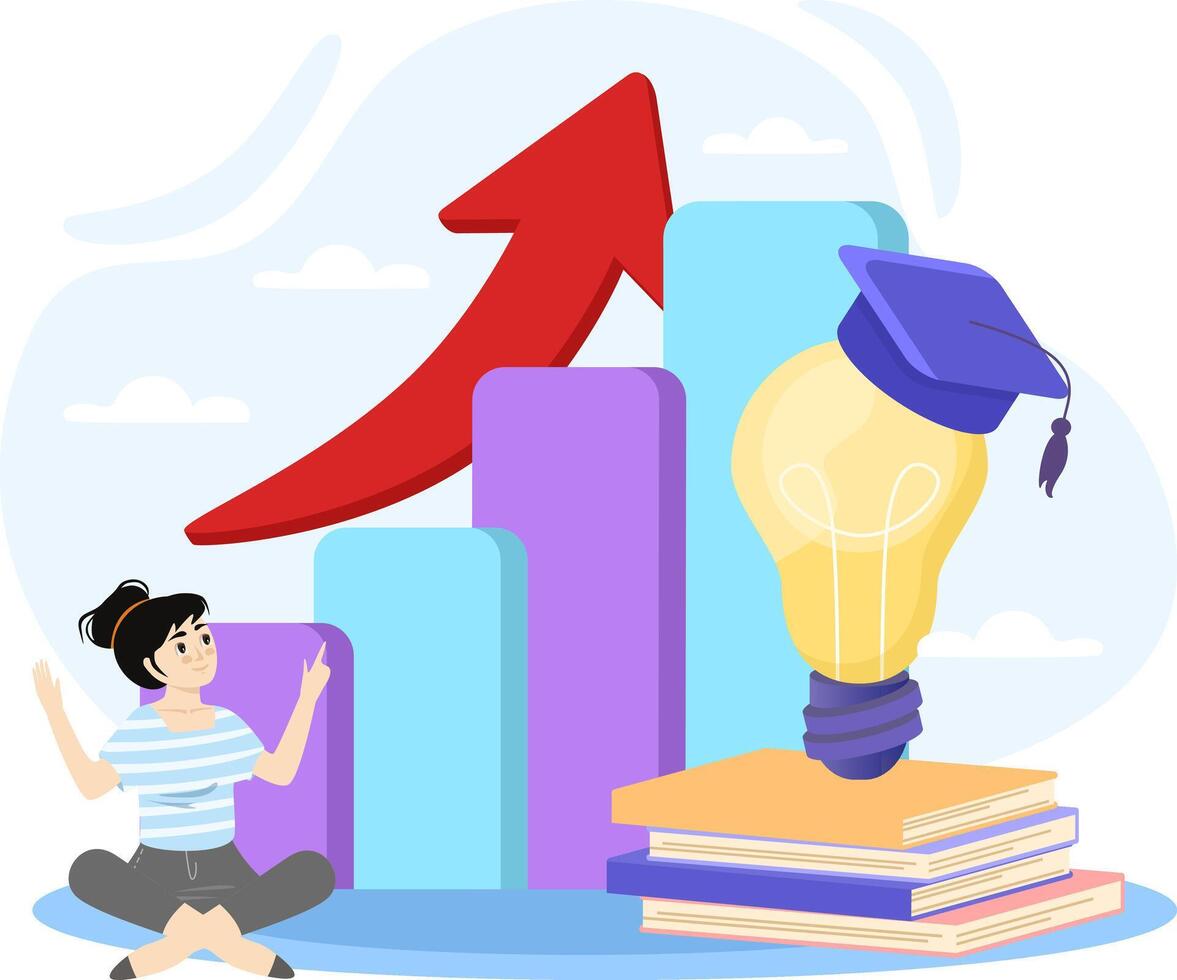 Student presenting growing knowledge concept with light bulb and graduation hat vector