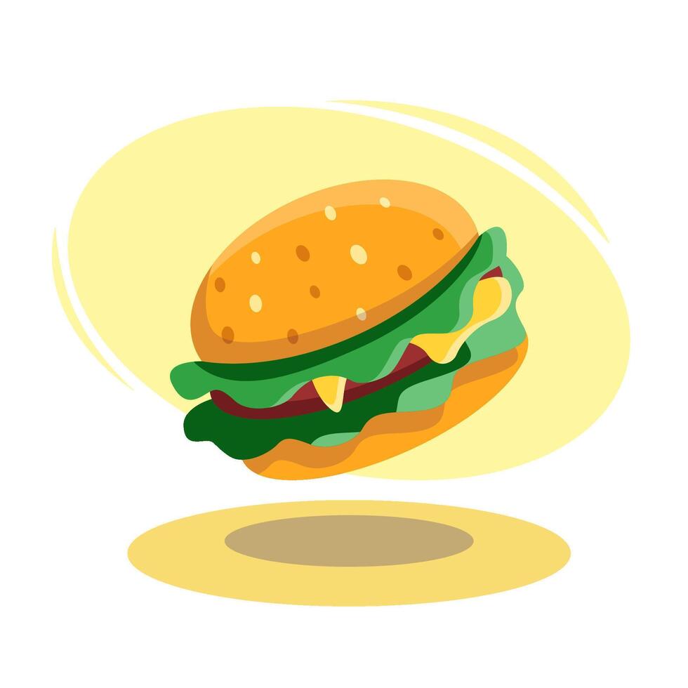 Delicious burger floating on yellow background illustration vector