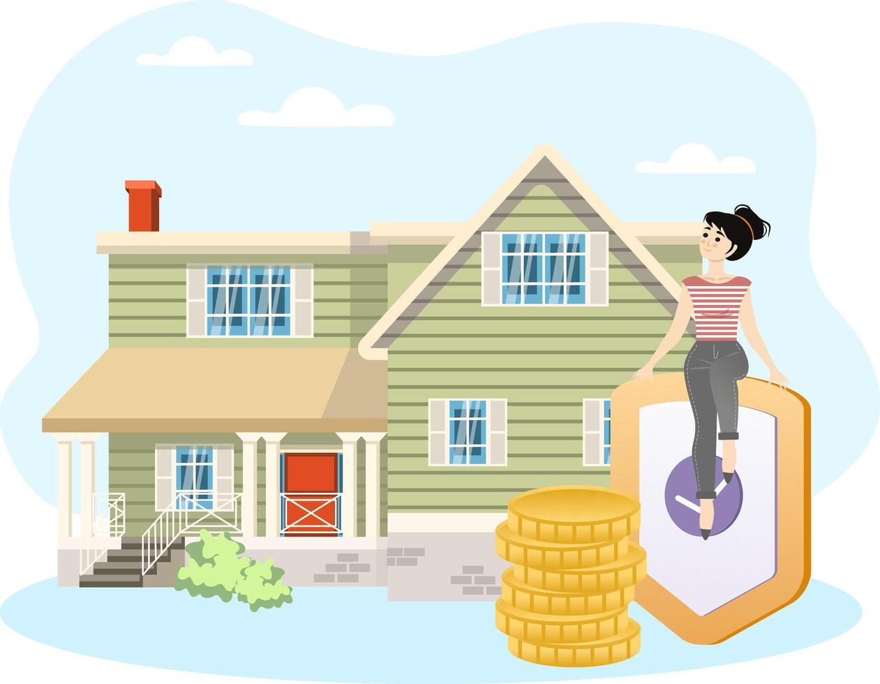 Woman sitting on insurance shield protecting her house with stack of coins vector