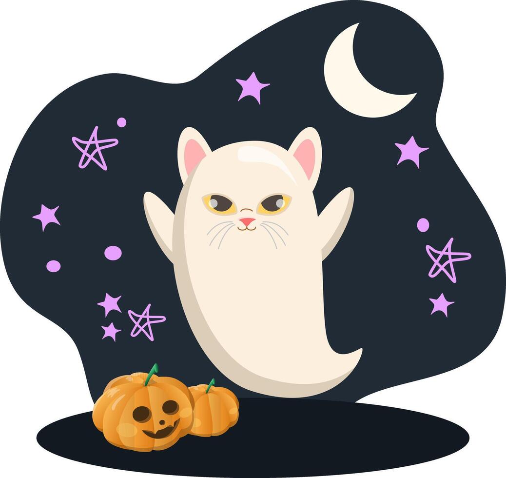 Cute white cat ghost floating with pumpkins in halloween night vector