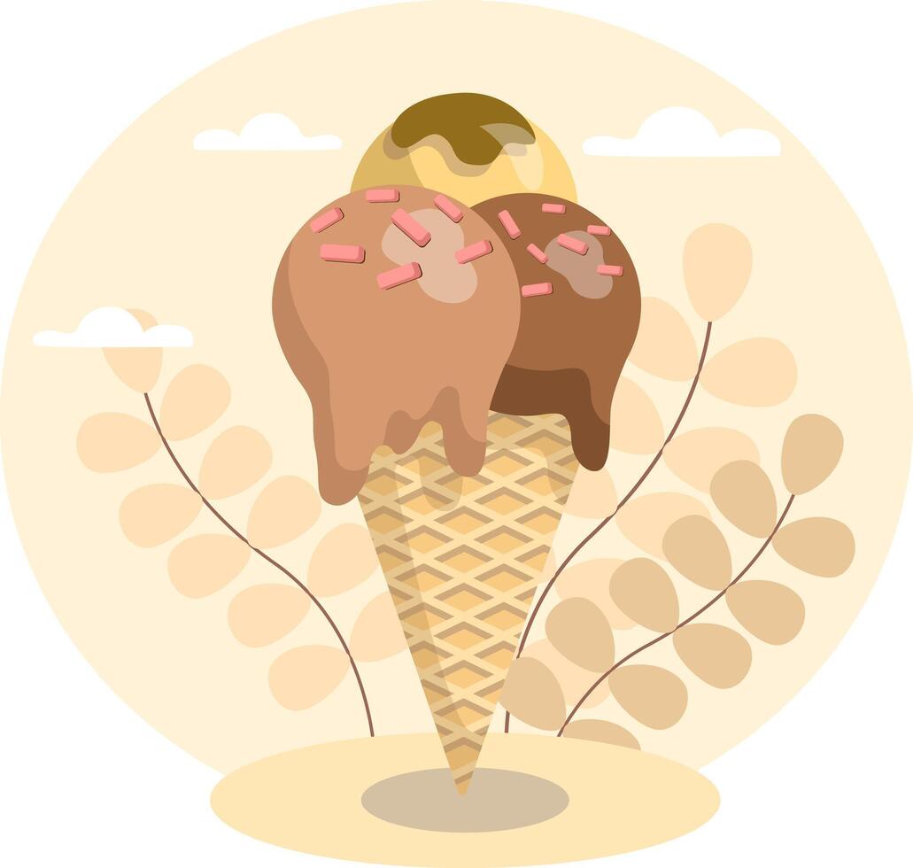 Delicious ice cream cone melting on sunny day with clouds and leaves vector