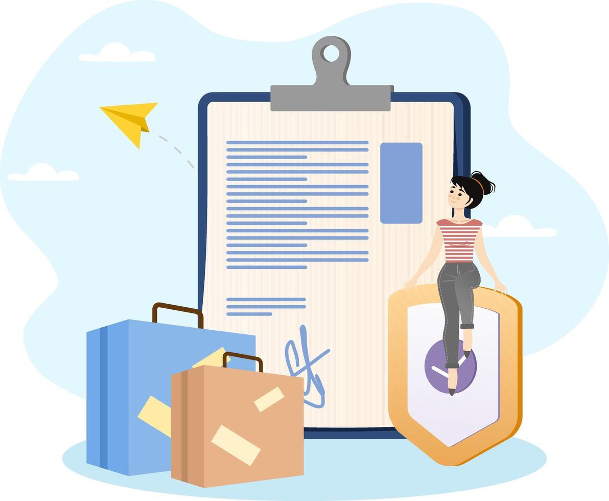 Young woman sitting on clock shield protecting travel contract with suitcases and paper plane vector
