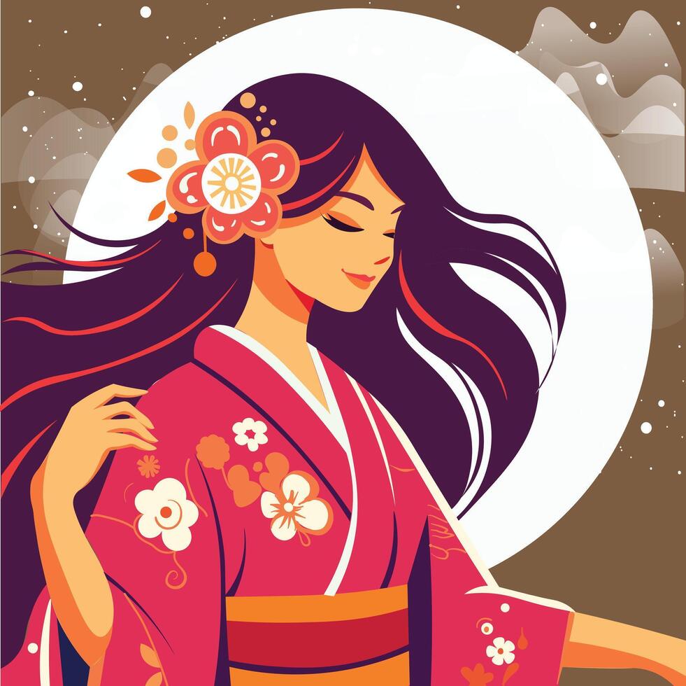 Flat drawing of a young japanese woman with wild windy hair and a pink kimono under moonlight. vector