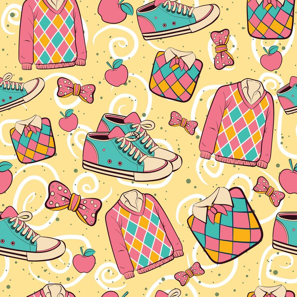 Seamless pattern with preppy elements, shoes, shirts, apples and girly ribbons with tartan motifs. Back to school repeat pattern vector
