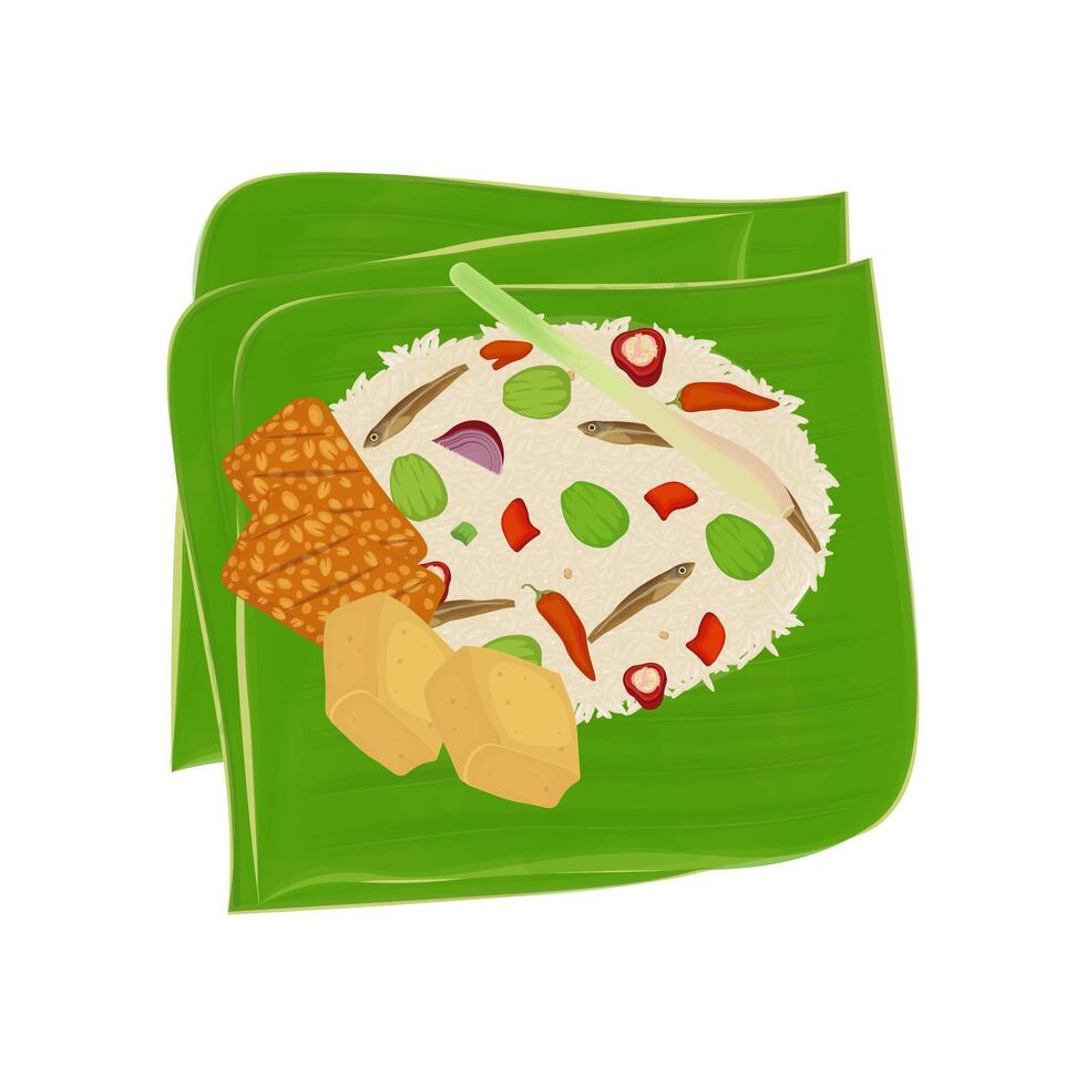 Illustration logo Clip art Nasi Liwet Sunda on a banana leaves vector