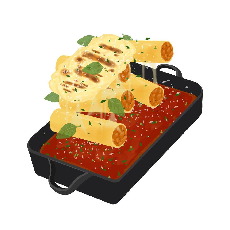 Illustration logo Clip art Levitation Cannelloni pasta on a pan with bolognese sauce vector