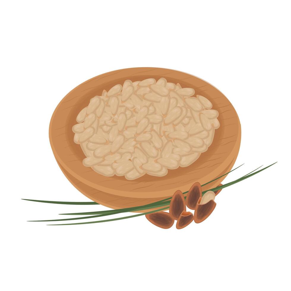 Illustration logo Clip art pine nuts on a wooden bowl vector