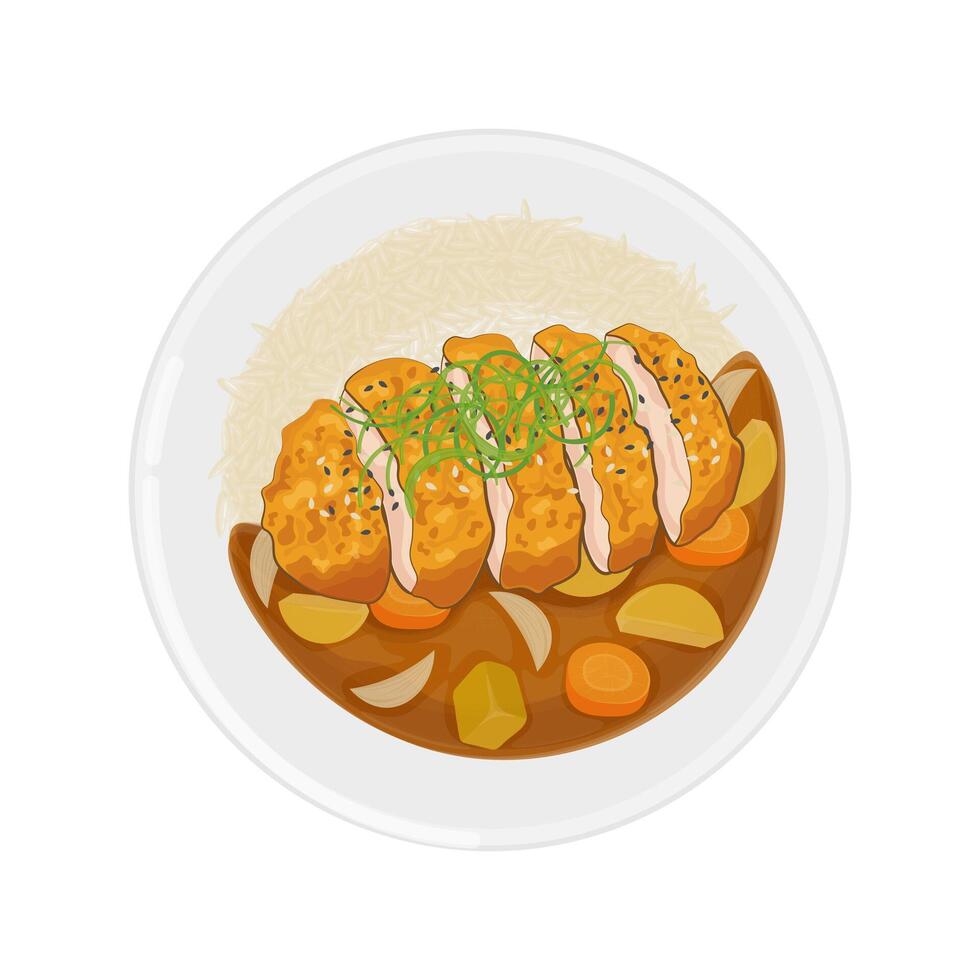 Illustration logo Clip art Top View Chicken Katsu Curry with rice vector