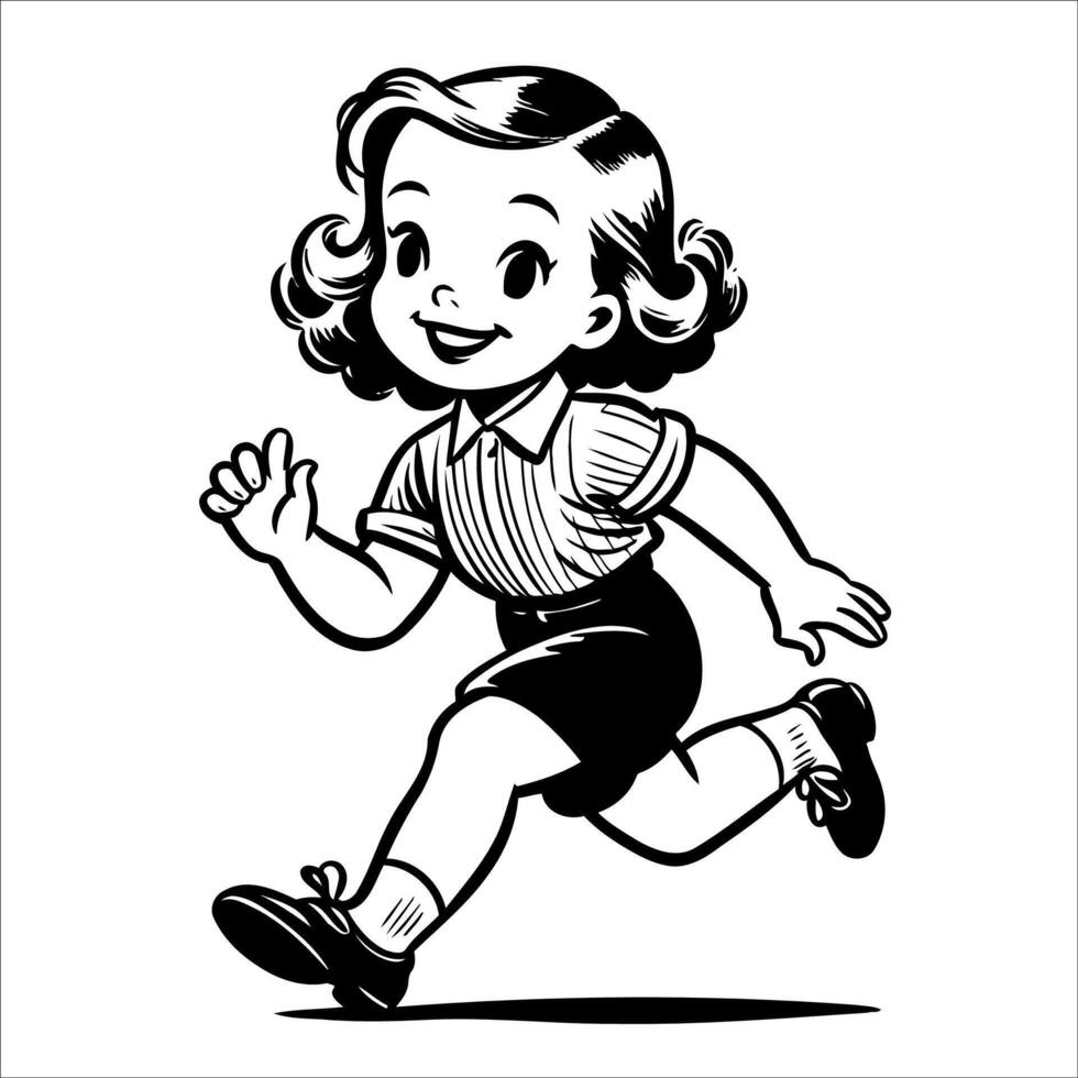 1940's retro smiling little boy and girl wearing overall and black shoes running full body simple minimalist clean line black and white comic vector