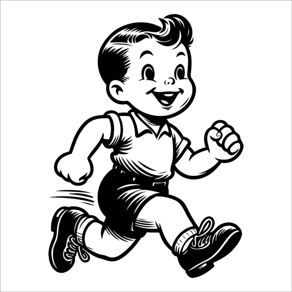 1940's retro smiling little boy and girl wearing overall and black shoes running full body simple minimalist clean line black and white comic vector