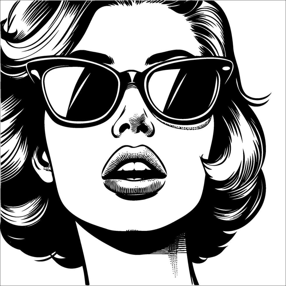 Retro vintage woman wearing sunglasses mouth slightly open close up face simple line art Comic Style black and white no background vector