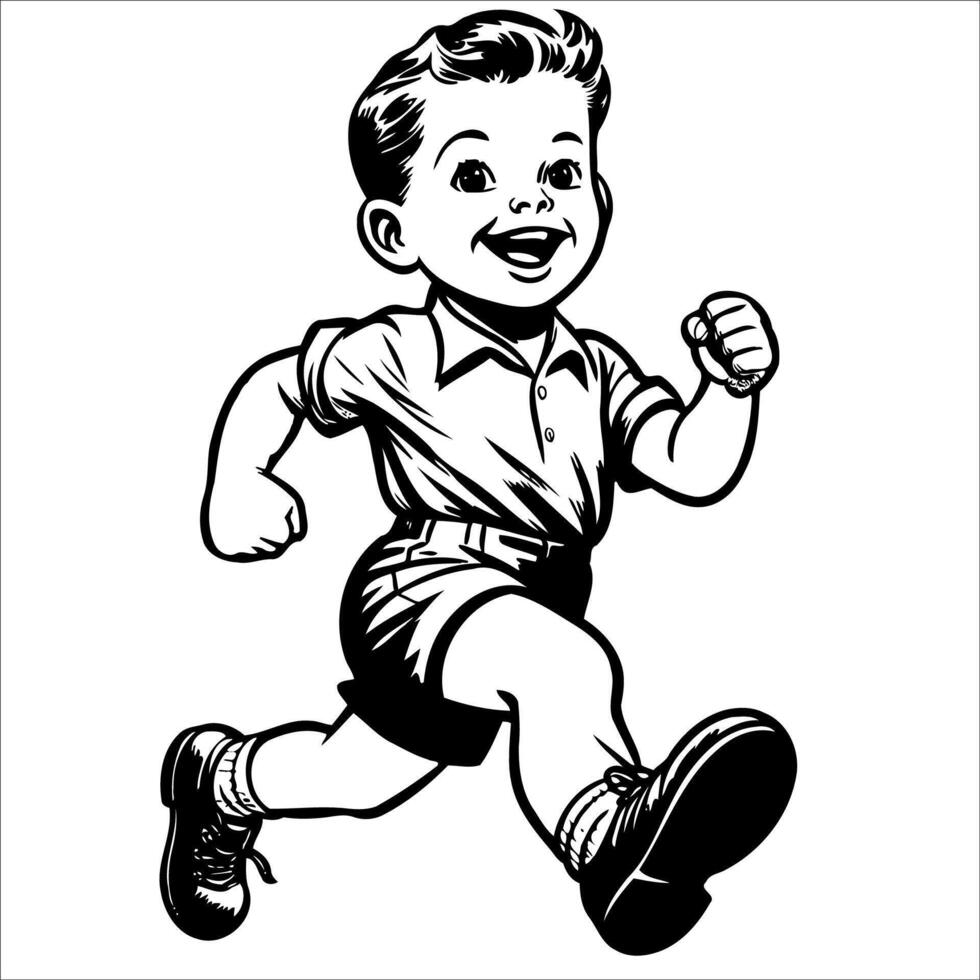 1940's retro smiling little boy and girl wearing overall and black shoes running full body simple minimalist clean line black and white comic vector