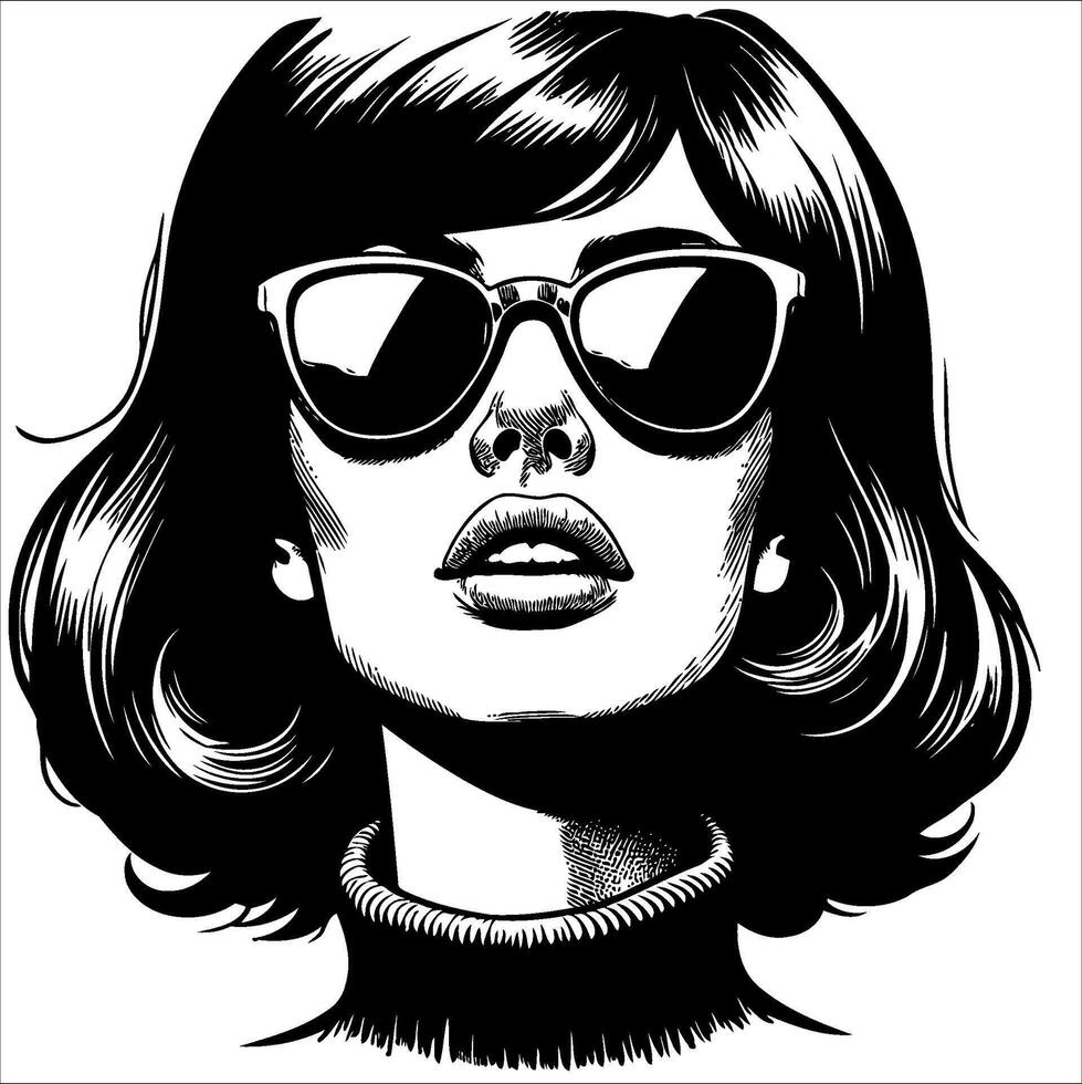 Retro vintage woman wearing sunglasses mouth slightly open close up face simple line art Comic Style black and white no background vector