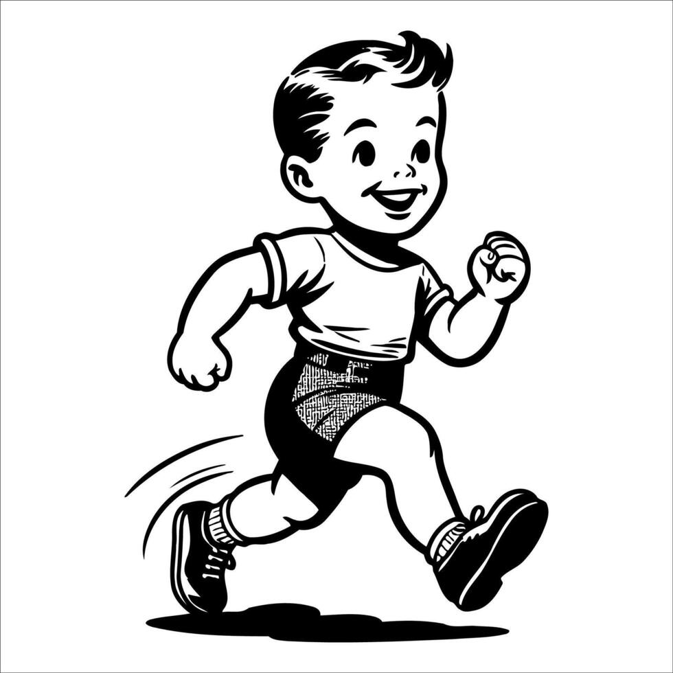 1940's retro smiling little boy and girl wearing overall and black shoes running full body simple minimalist clean line black and white comic vector