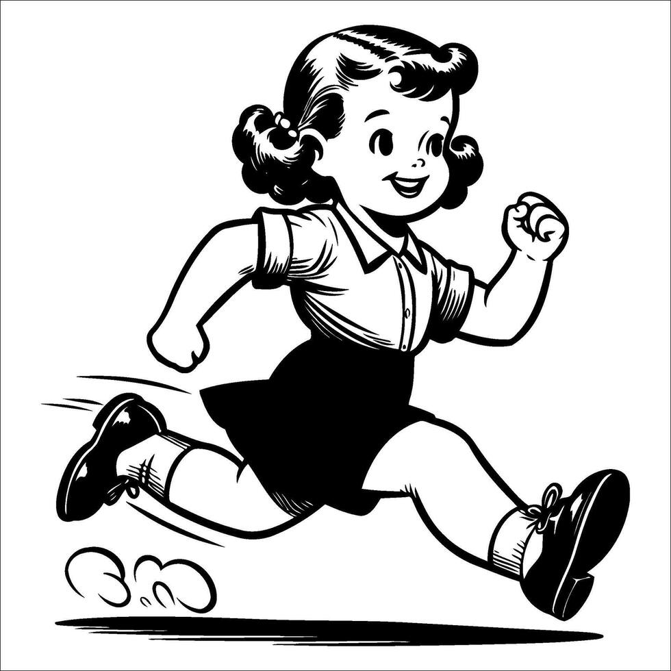 1940's retro smiling little boy and girl wearing overall and black shoes running full body simple minimalist clean line black and white comic vector
