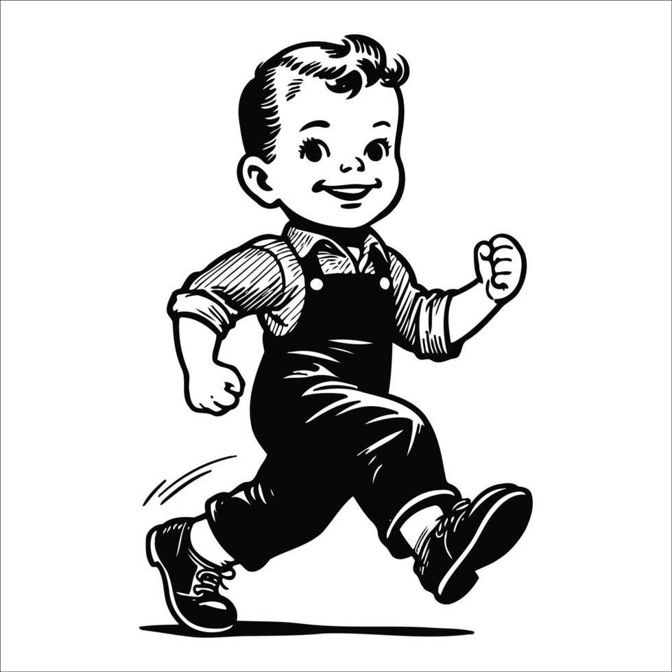 1940's retro smiling little boy and girl wearing overall and black shoes running full body simple minimalist clean line black and white comic vector