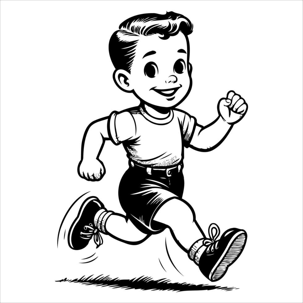 1940's retro smiling little boy and girl wearing overall and black shoes running full body simple minimalist clean line black and white comic vector