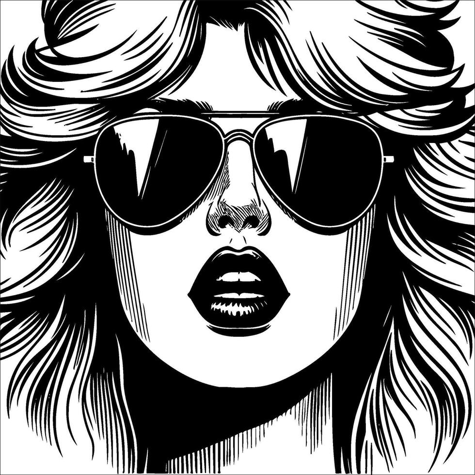 Retro vintage woman wearing sunglasses mouth slightly open close up face simple line art Comic Style black and white no background vector