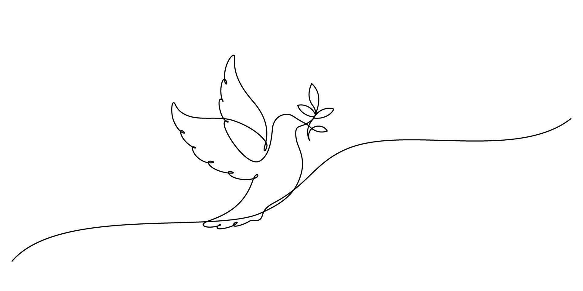 white dove with olive branch one line drawing continuous vector
