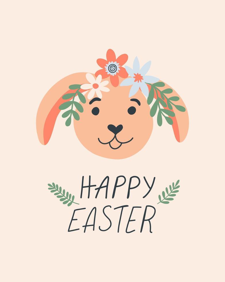 Easter bunny with wreath flower decor. Spring Easter card. Cute illustration for advent, greeting card, banner, t shirt, print. vector