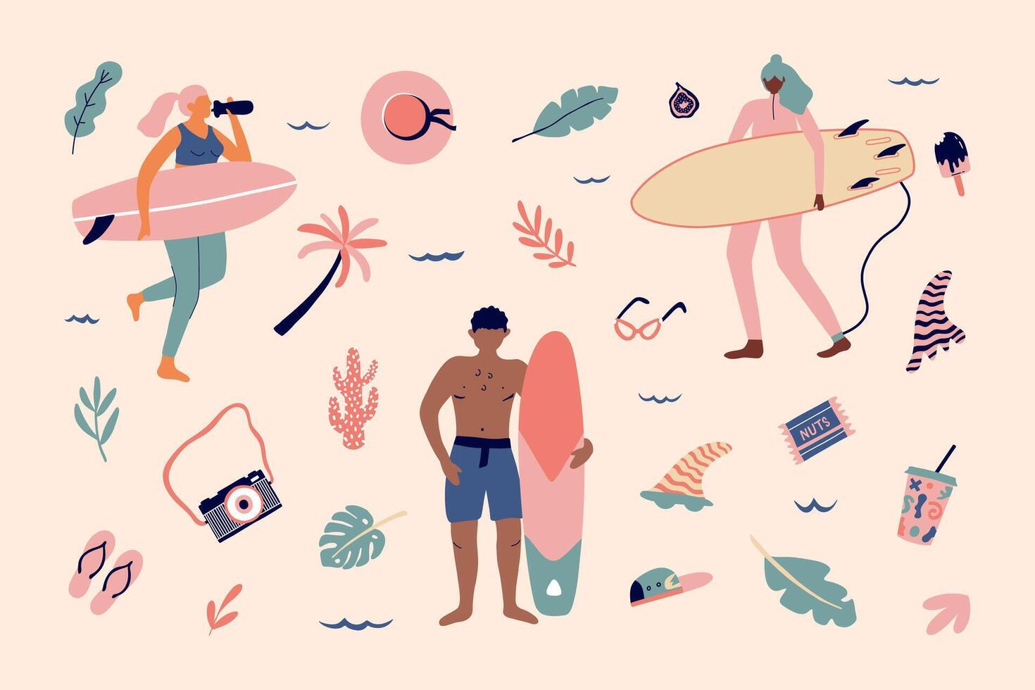 Surfing bundle. Women and man with surfboards. Active summer vacation concept with people, surf, cocktail, hat, ice cream, camera, palm tree. Set cartoon illustration. vector