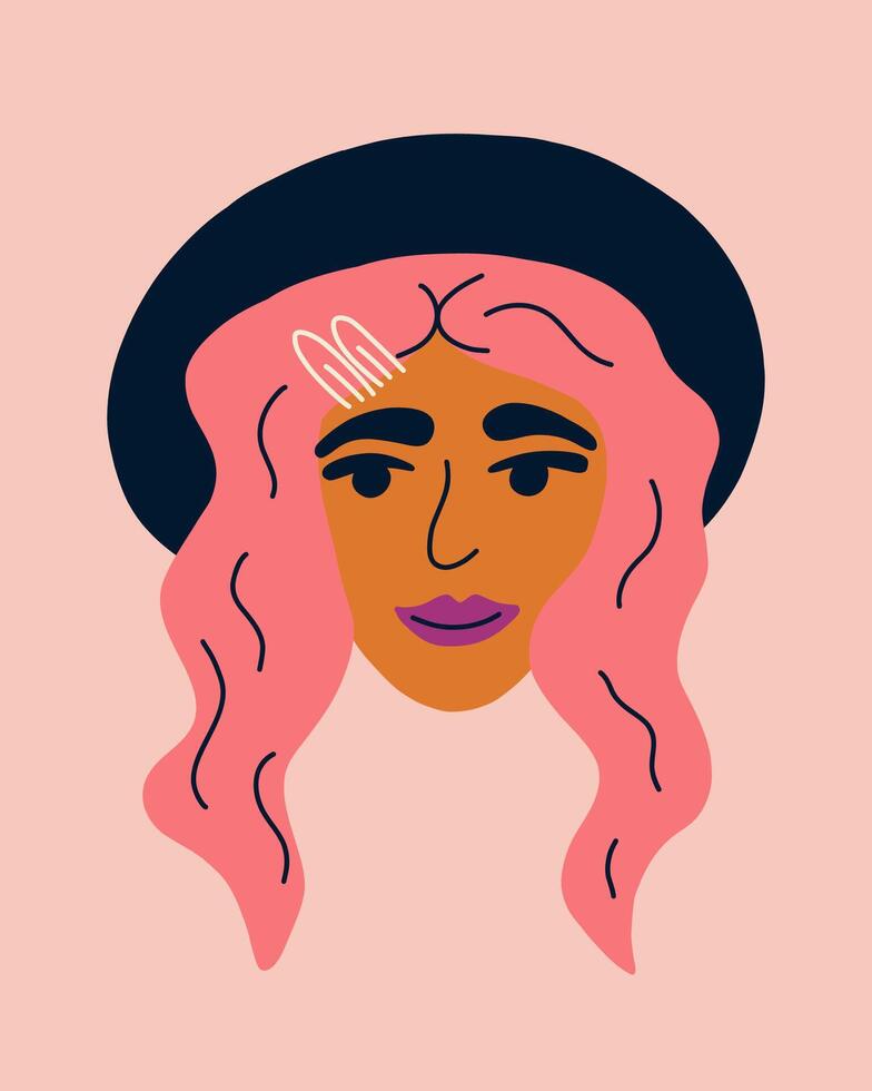 Portrait of beautiful woman with pink hair and a felt hat. Avatar of European female character isolated on background. Hand drawn illustration for postcard, poster. vector