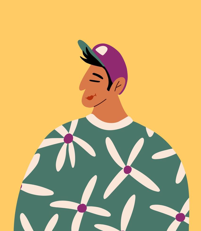Portrait of happy latino american man in hippie t shirt print with daisies and cap. Illustration in cartoon style. vector