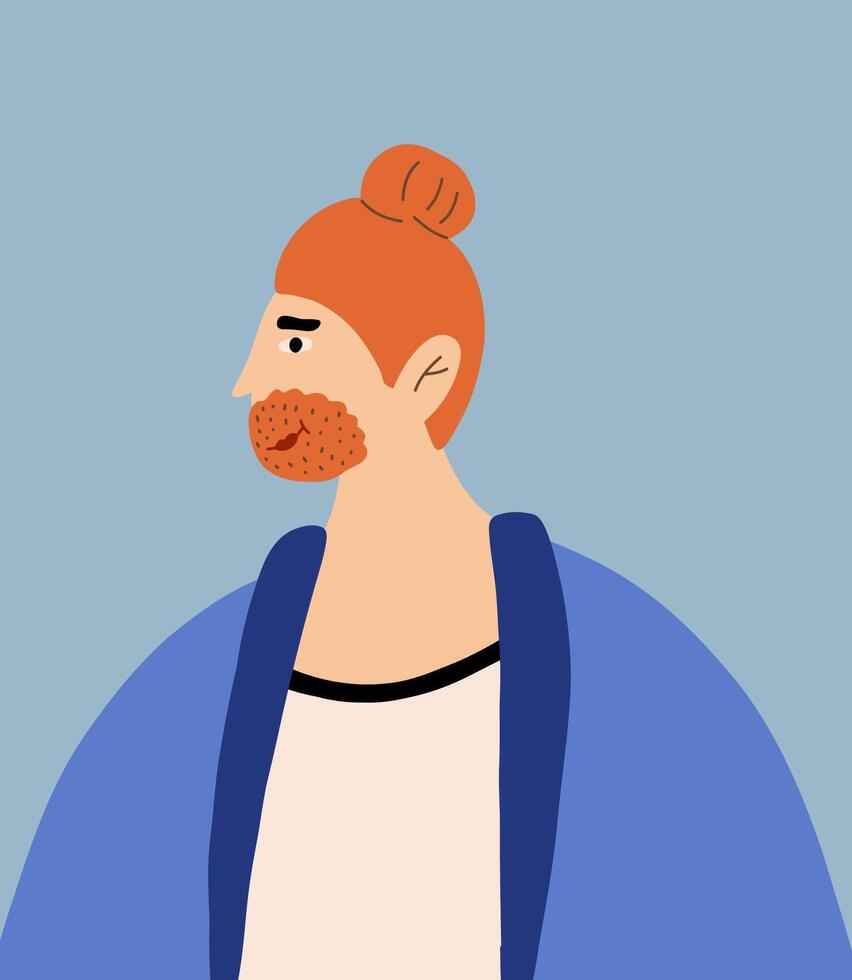 Portrait of bearded redhead man with head bun in casual outfits. Illustration in cartoon style. vector