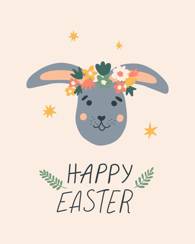 Easter bunny with wreath flower decor. Spring Easter card lettering and flowers. Cute illustration for advent, greeting card, banner, t shirt, print, decoration. vector