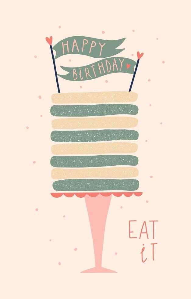 Greeting card with mint cake and lettering. Birthday cake flat icon isolated on background. Hand drawn illustration for print, card, banner, t shirt. vector