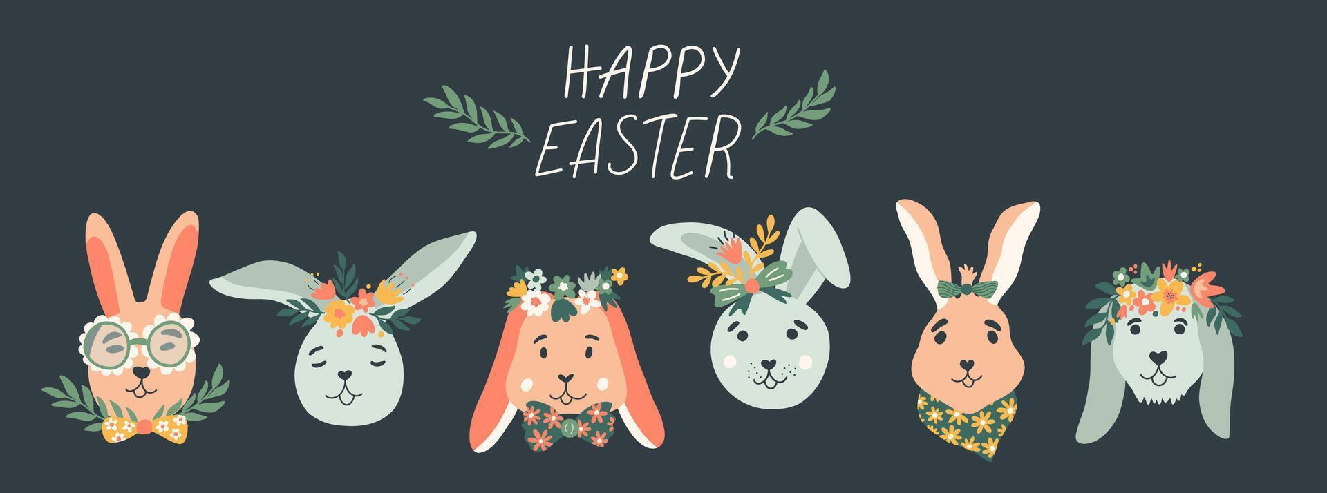 Happy Easter collection with bunny in a bow tie, lettering, flowers and easter eggs. Hand drawn illustration for cute advent, greeting card, banner, t shirt, print, decoration. vector