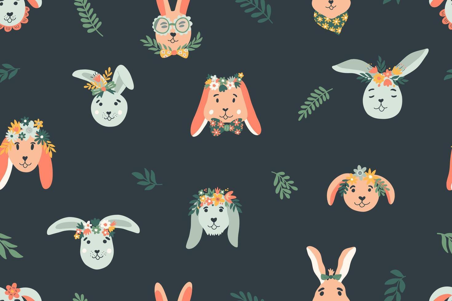 Easter seamless pattern with bunny, flowers and branches. Funny childrens rabbits for Easter decoration on dark background. Hand drawn Illustration for banner, fabric, wrapping, textile. vector