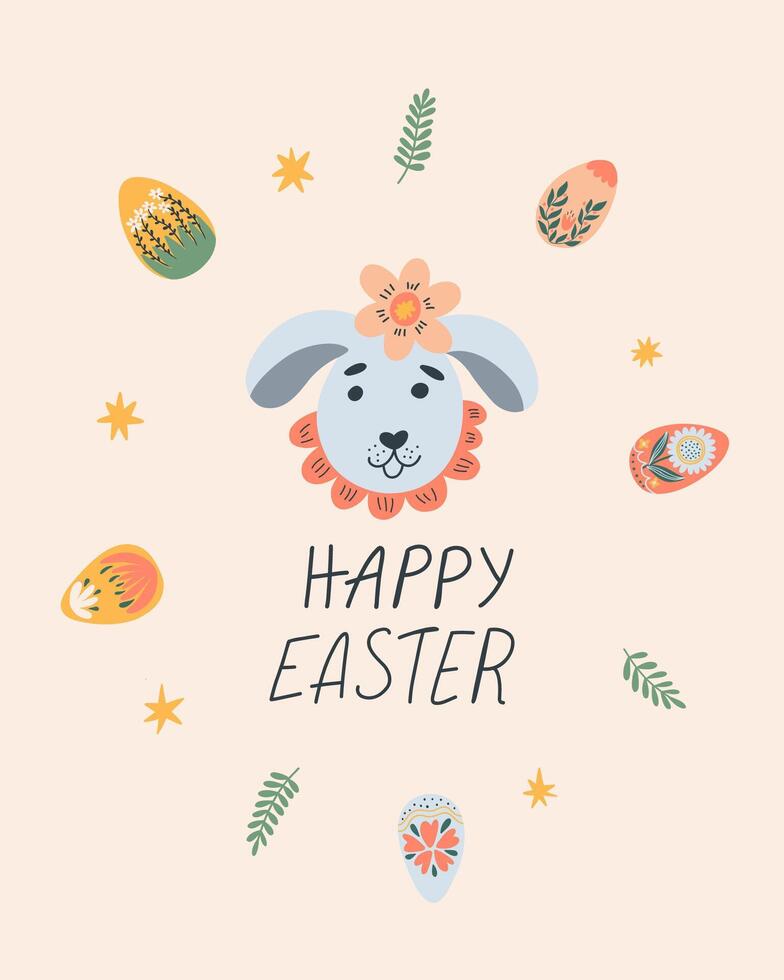 Card with rabbit, eggs and flowers for Easter. Hand drawn illustration in cute advent, greeting card, banner, t shirt, print, decoration. vector
