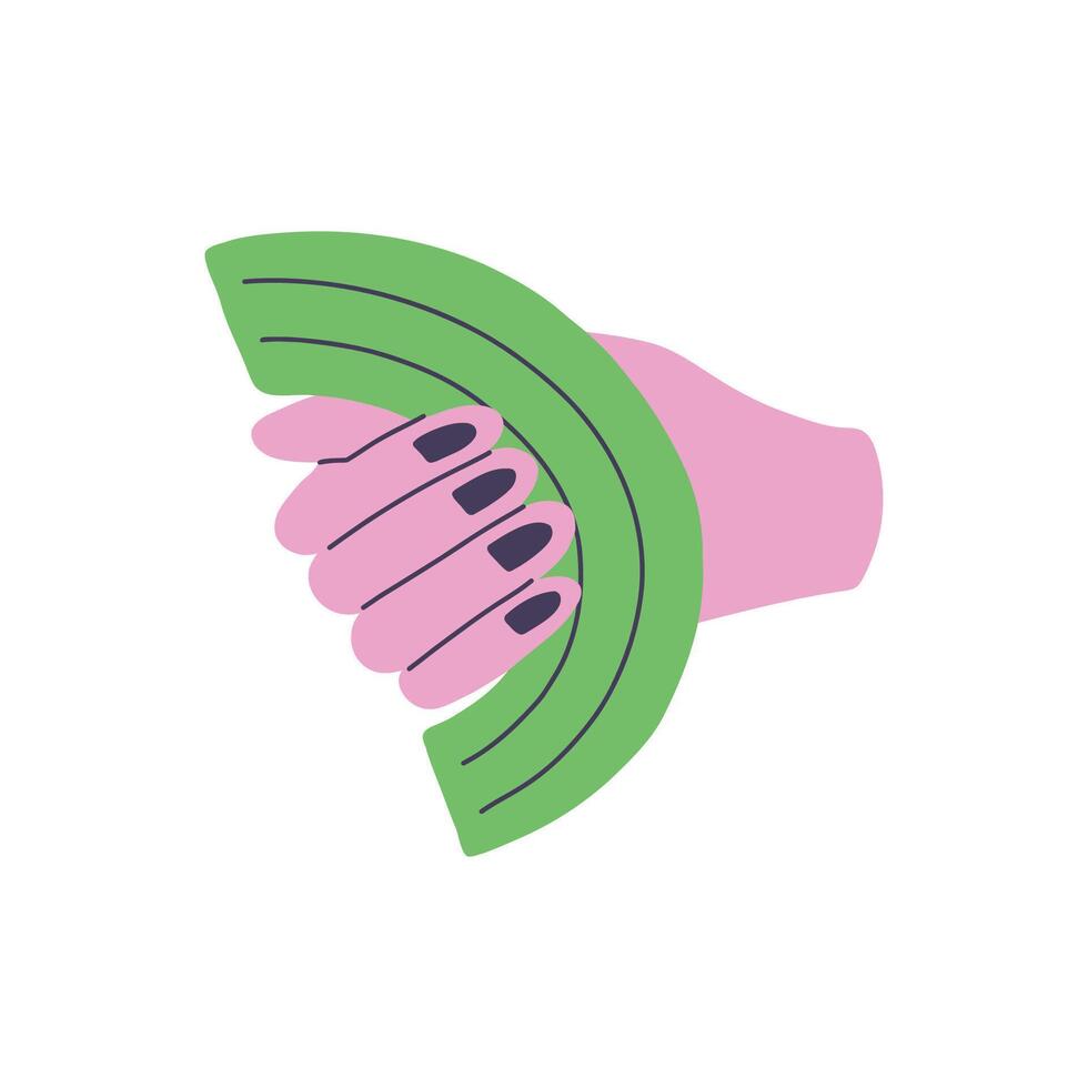 Doodle hand holds a rainbow. Concept of sharing old toys, recycling old things. Hand drawn illustration for postcard, invitation, poster, media vector