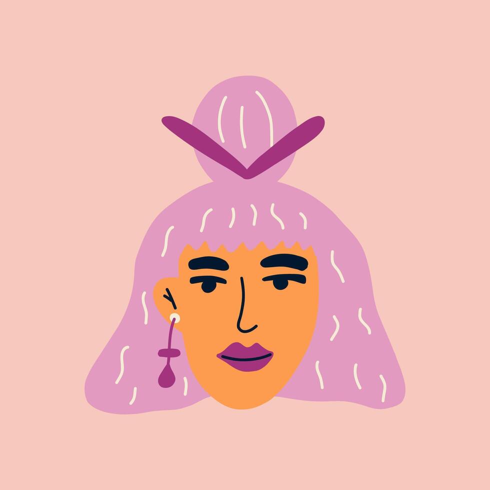 Portrait of a beautiful woman with purple hair and jewelry in her ears. Avatar of European female character isolated on background. Flat cartoon illustration. Avatar for social network. vector